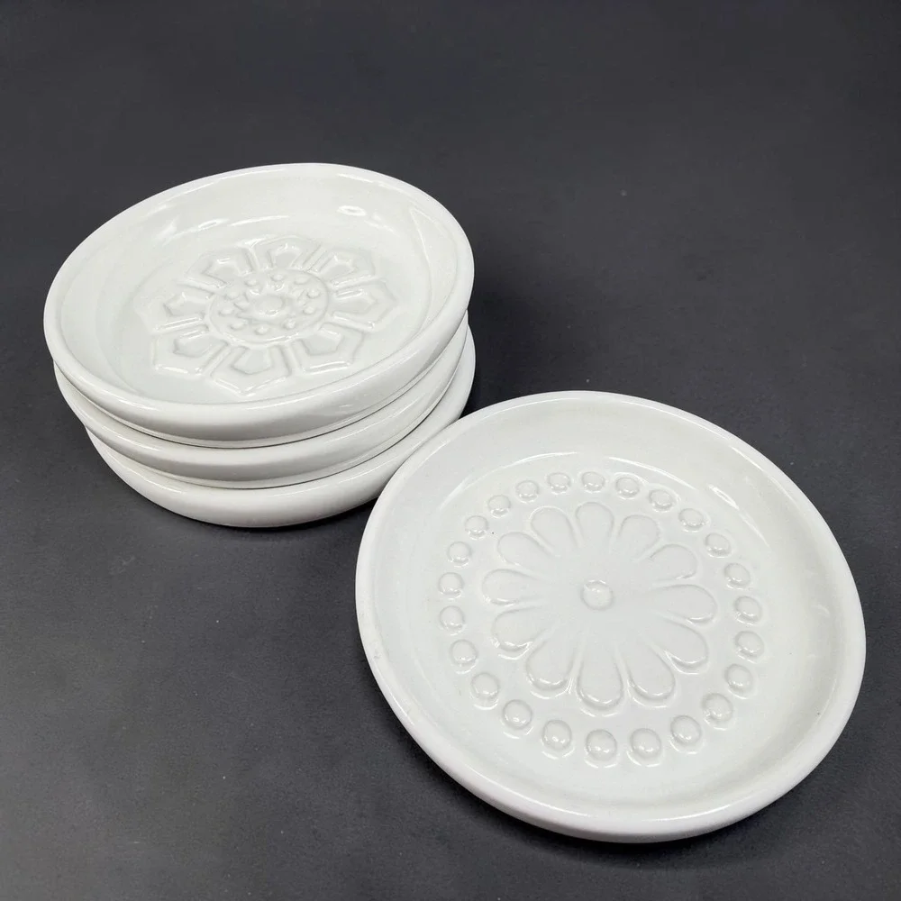IKEA White Ceramic Butter Dishes Set of‎ 4 Embossed Floral Trinket Dishes 3inch